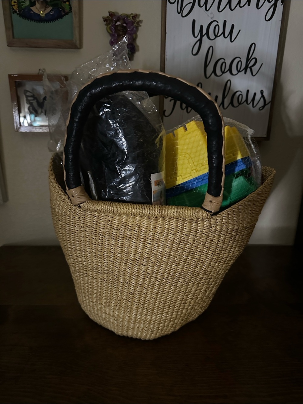 Filled Woven Straw Tote with Black Wrapped Handles